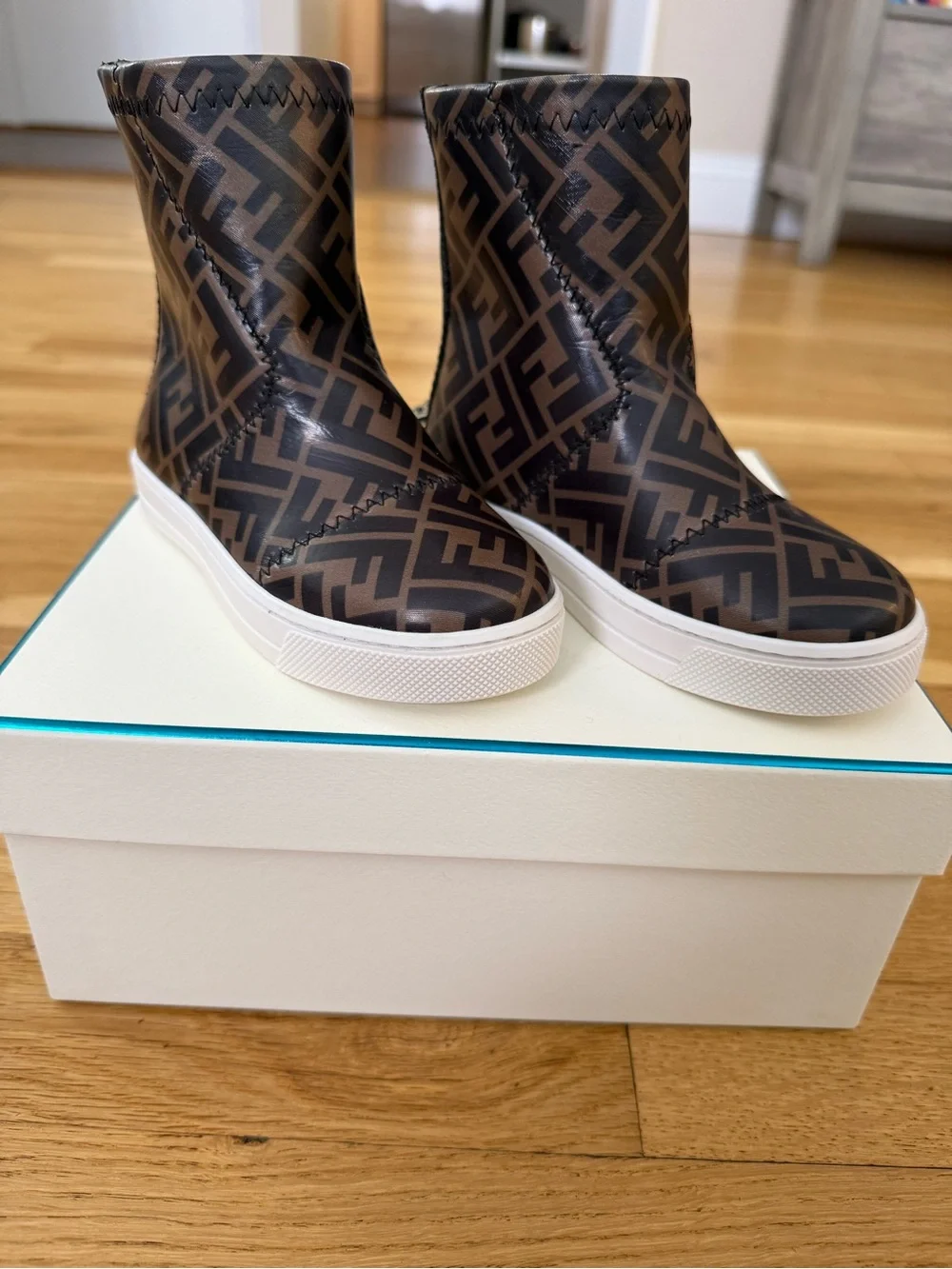 Fendi Kids Brown Monogram Rain Boots with White Soles
